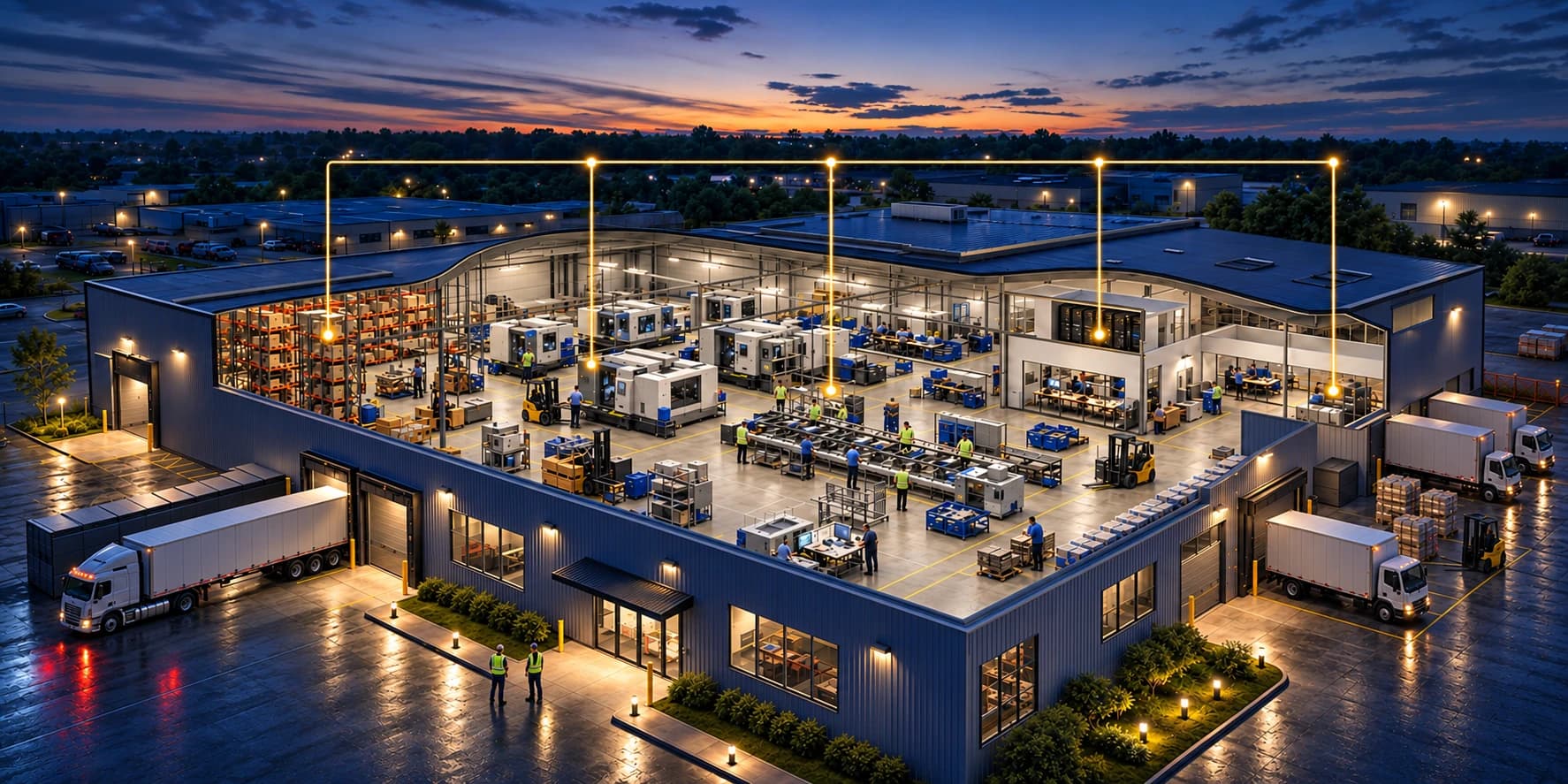 An illustrated manufacturing facility at blue hour, with production, storage, offices and shipping connected by a fine gold line.