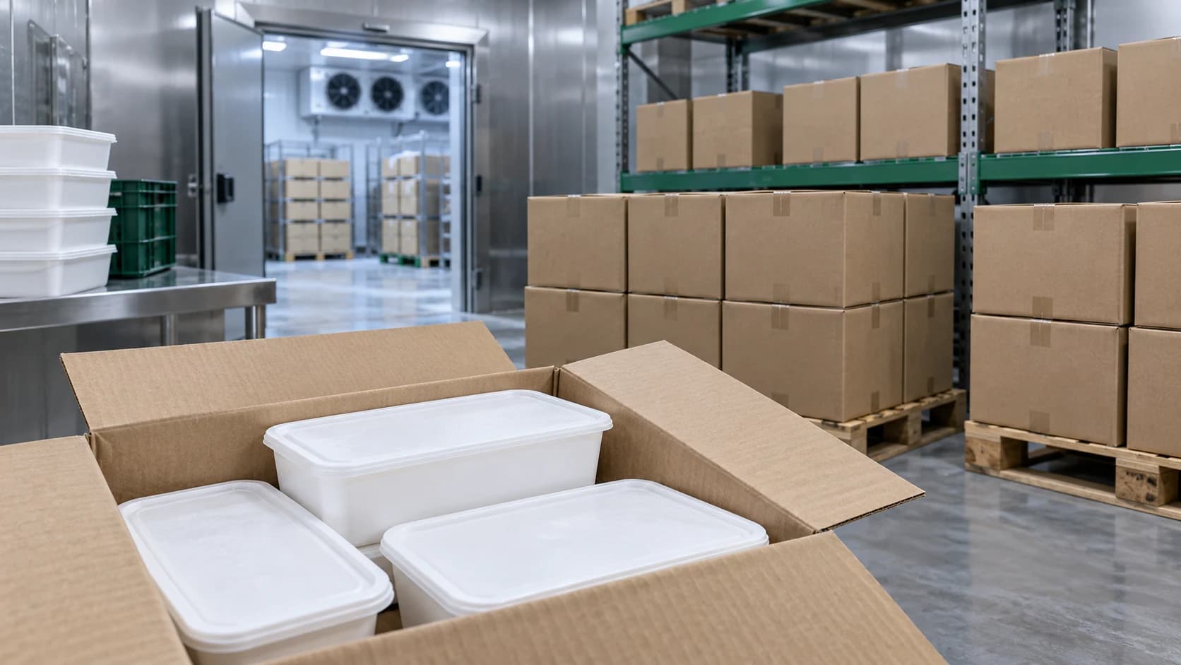 Food tubs and cartons in cold storage.