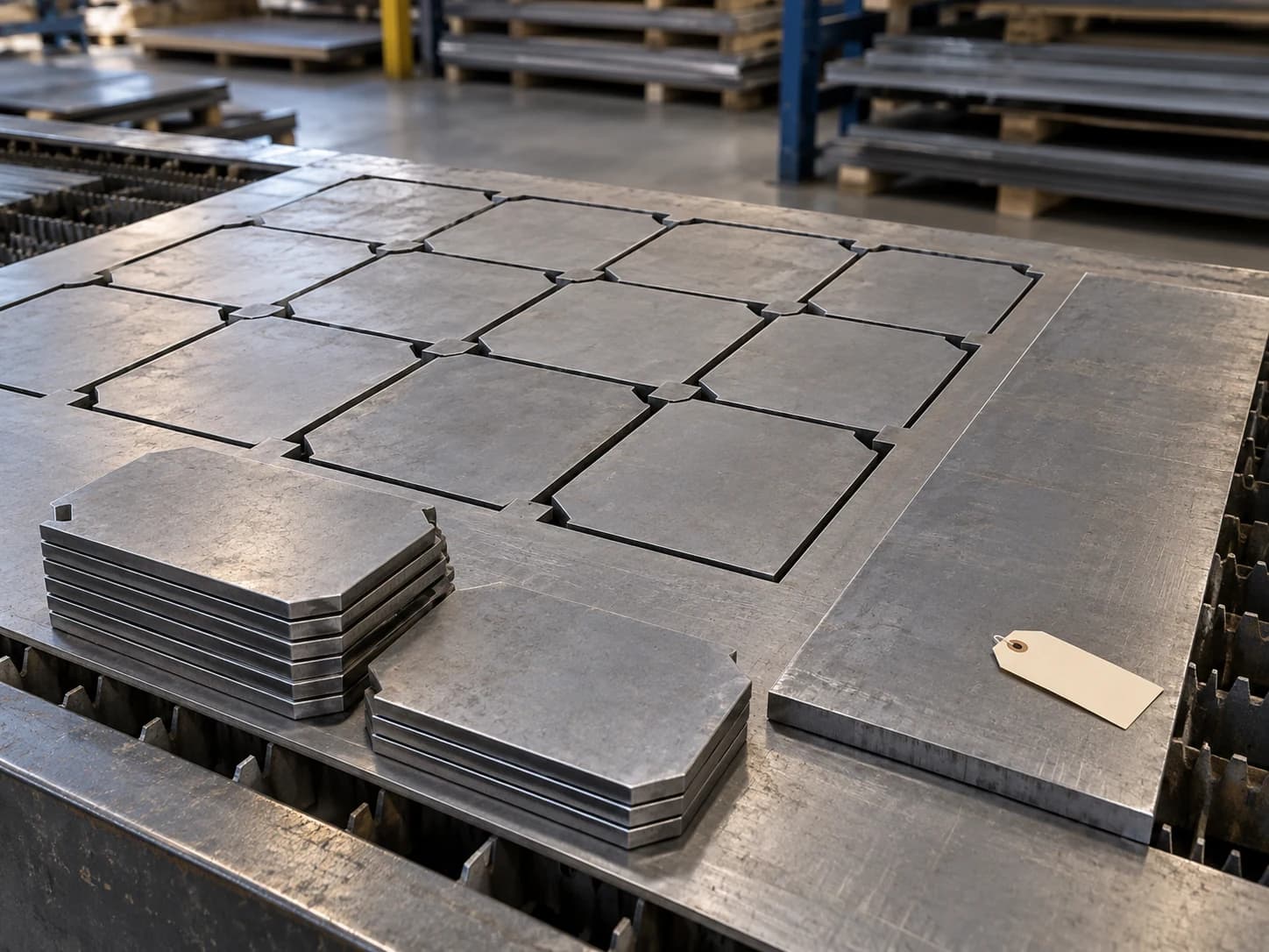 Steel sheet, cut parts and a usable offcut.